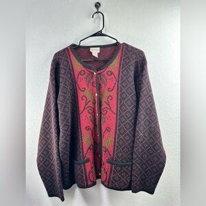 CRYSTAL KOBE Women’s Vintage Black/Red Christmas Print Sweater Cardigan XL